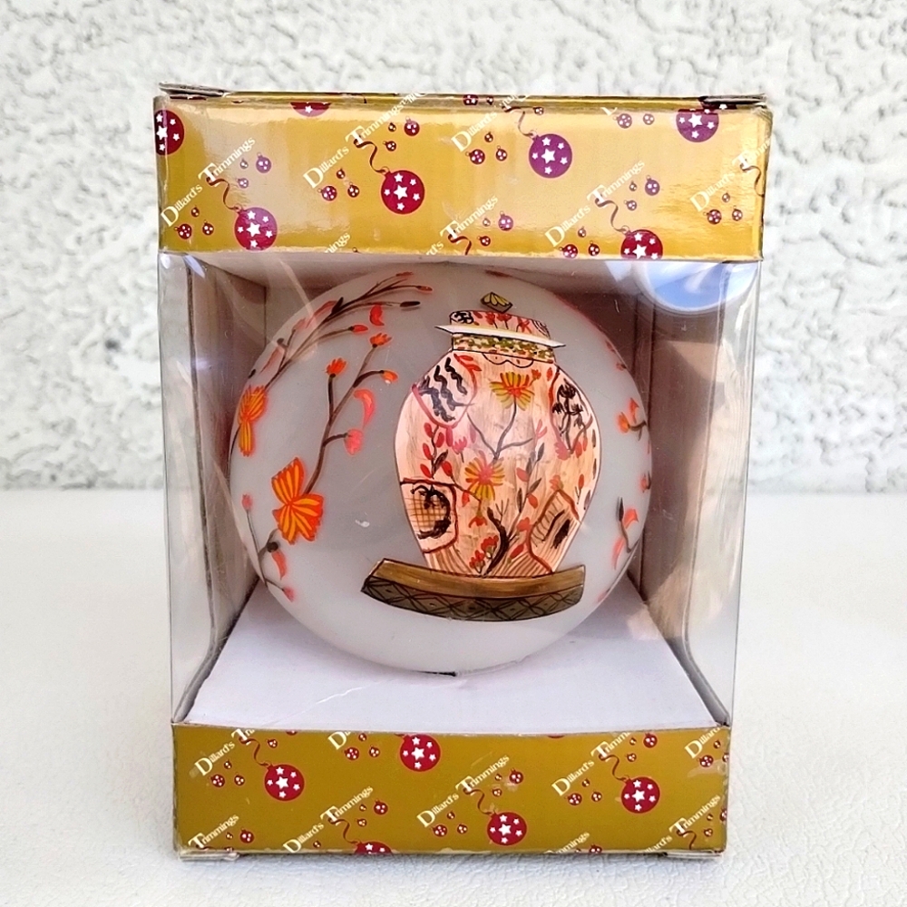 Vintage Dillard's Trimmings Hand-Blown Art Glass Ball Ornament Blossoms Urns 4"